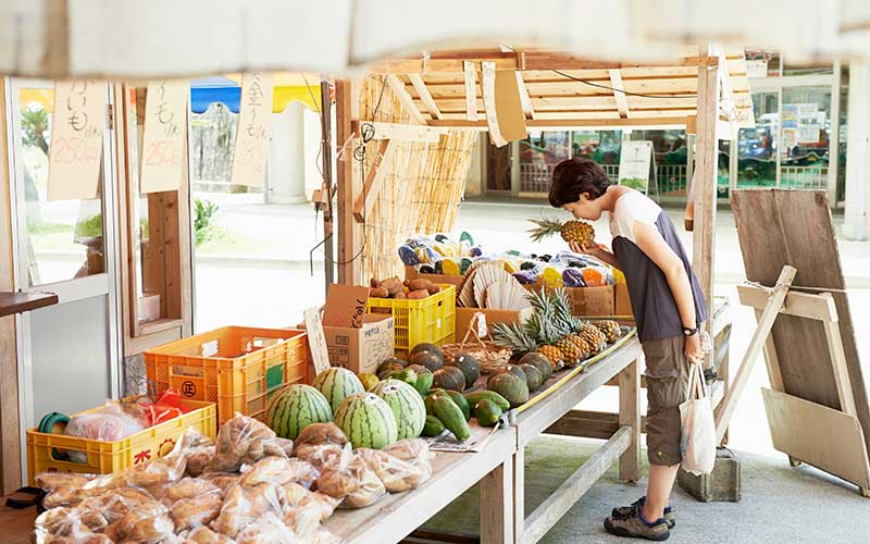 許田の道の駅に並ぶ新鮮な沖縄の野菜や果物